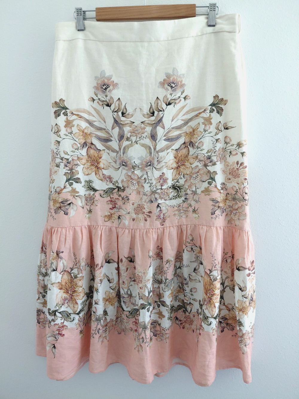 House of Harlow 1960 Boho Floral Midi Skirt LARGE Linen Chintz Tiered Pink Girly
